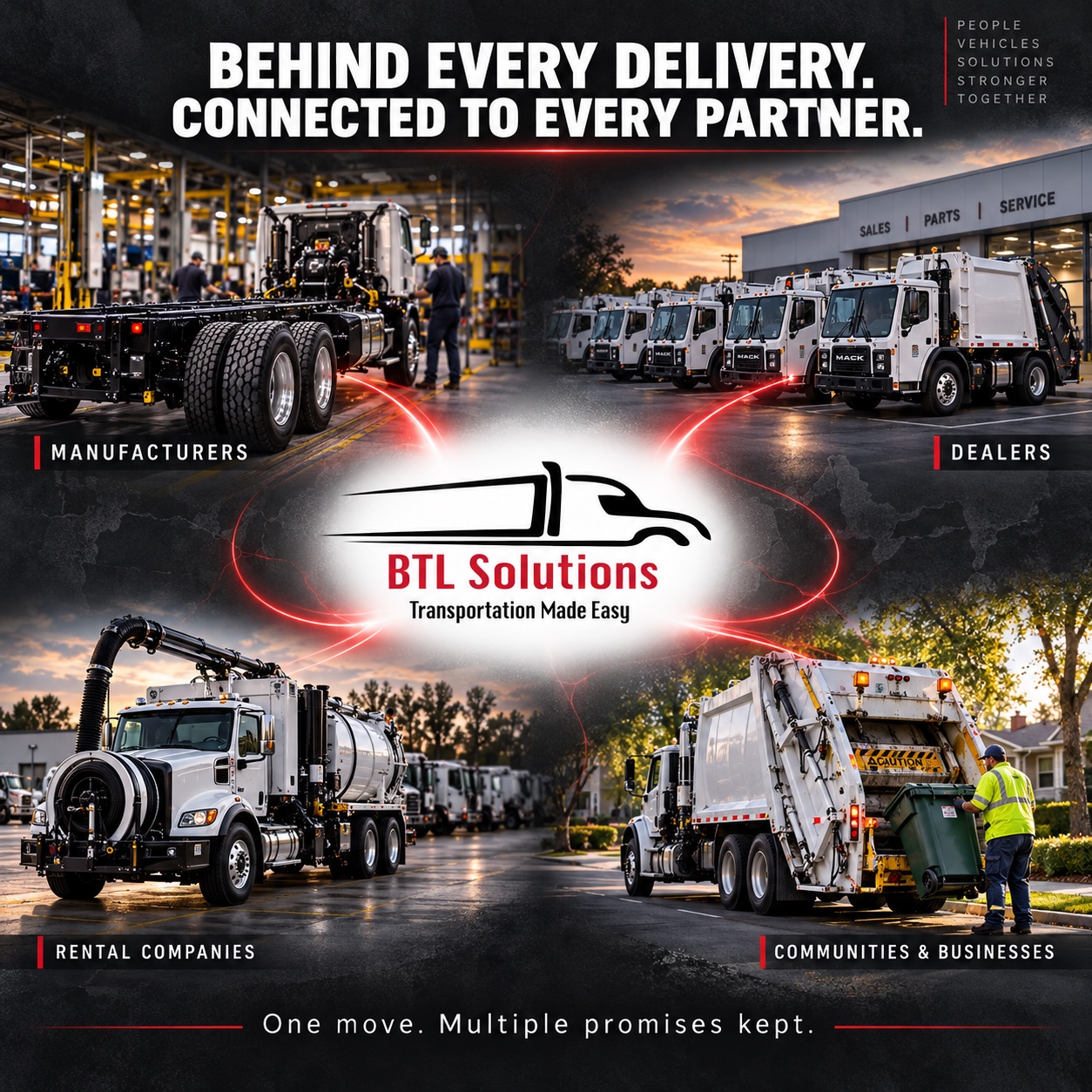 BTL Solutions: Behind every delivery, connected to every partner. Manufacturers, dealers, rental companies, communities and businesses. One move. Multiple promises kept.