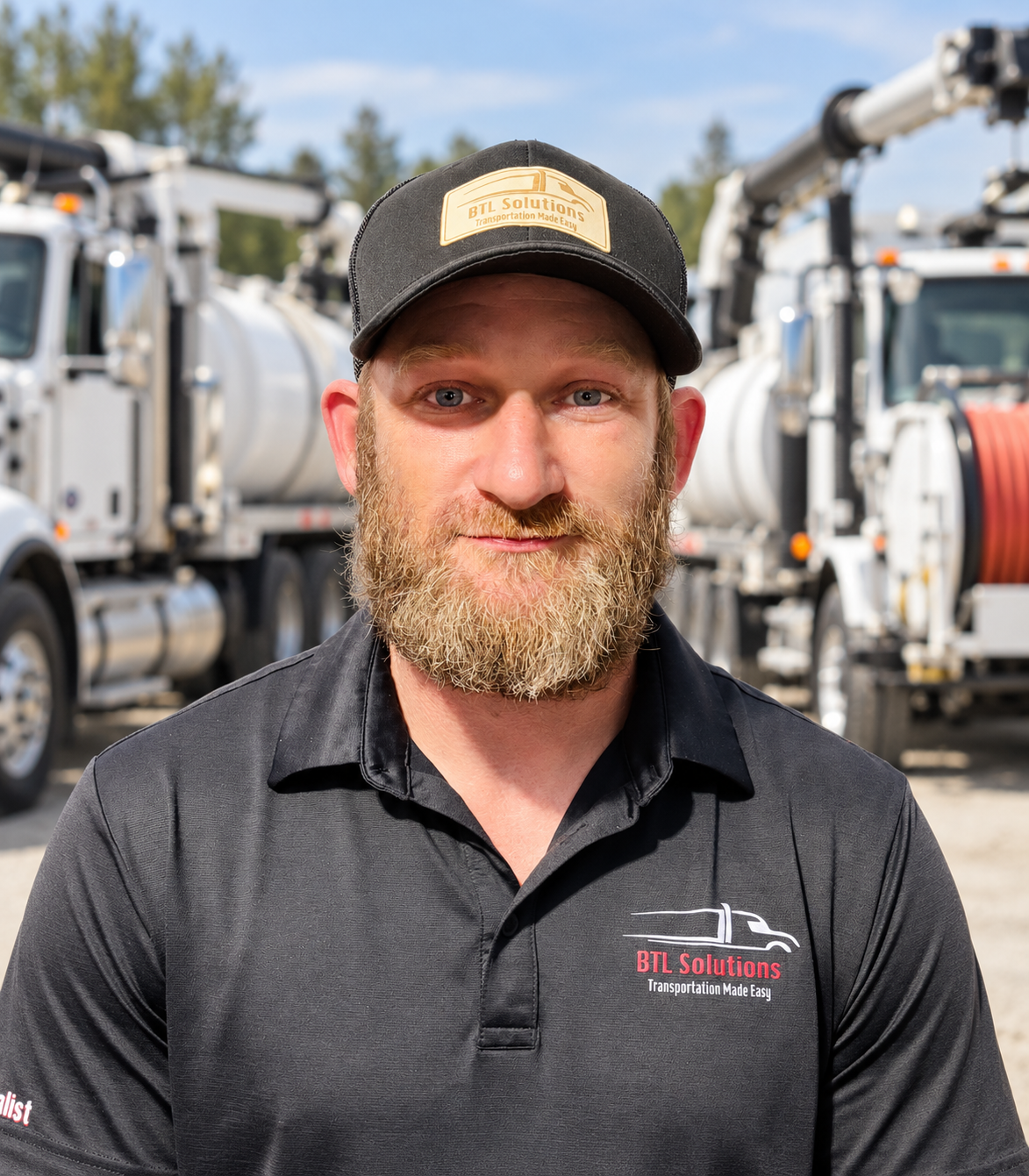 Matt Brown with vacuum and sewer-cleaning trucks in the background